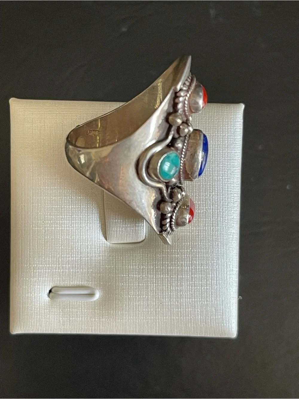 Vintage 925 Sterling genuine lapis turquoise,red coral Statement Ring.
